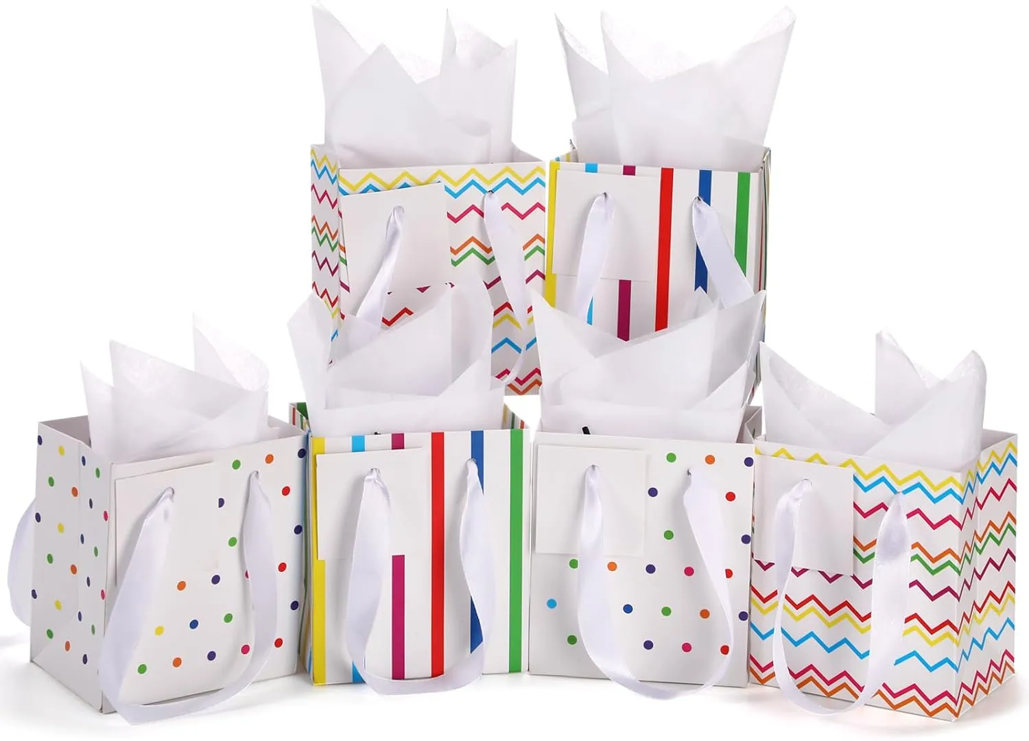 Tenare 12 Pcs Small Gift Bags Mini Metallic Paper Bag with Handle Tissue Paper for Mother Father 's Day Graduation Party Favor Supplies(4 x 2.75 x 4.5 Inch,White Colorful Gold)