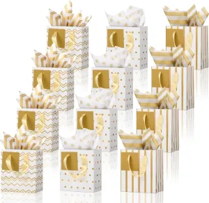 Tenare 12 Pcs Small Gift Bags Mini Metallic Paper Bag with Handle Tissue Paper for Mother Father 's Day Graduation Party Favor Supplies(9 x 4 x 7 Inch,White Gold)