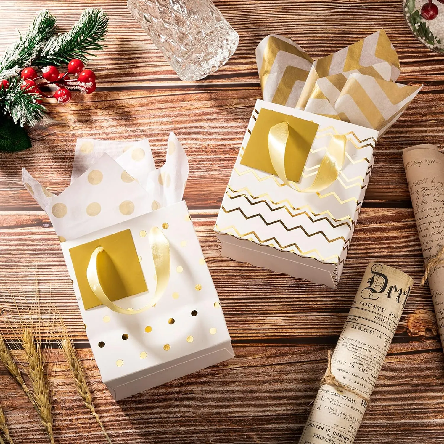 Tenare 12 Pcs Small Gift Bags Mini Metallic Paper Bag with Handle Tissue Paper for Mother Father 's Day Graduation Party Favor Supplies(9 x 4 x 7 Inch,White Gold)
