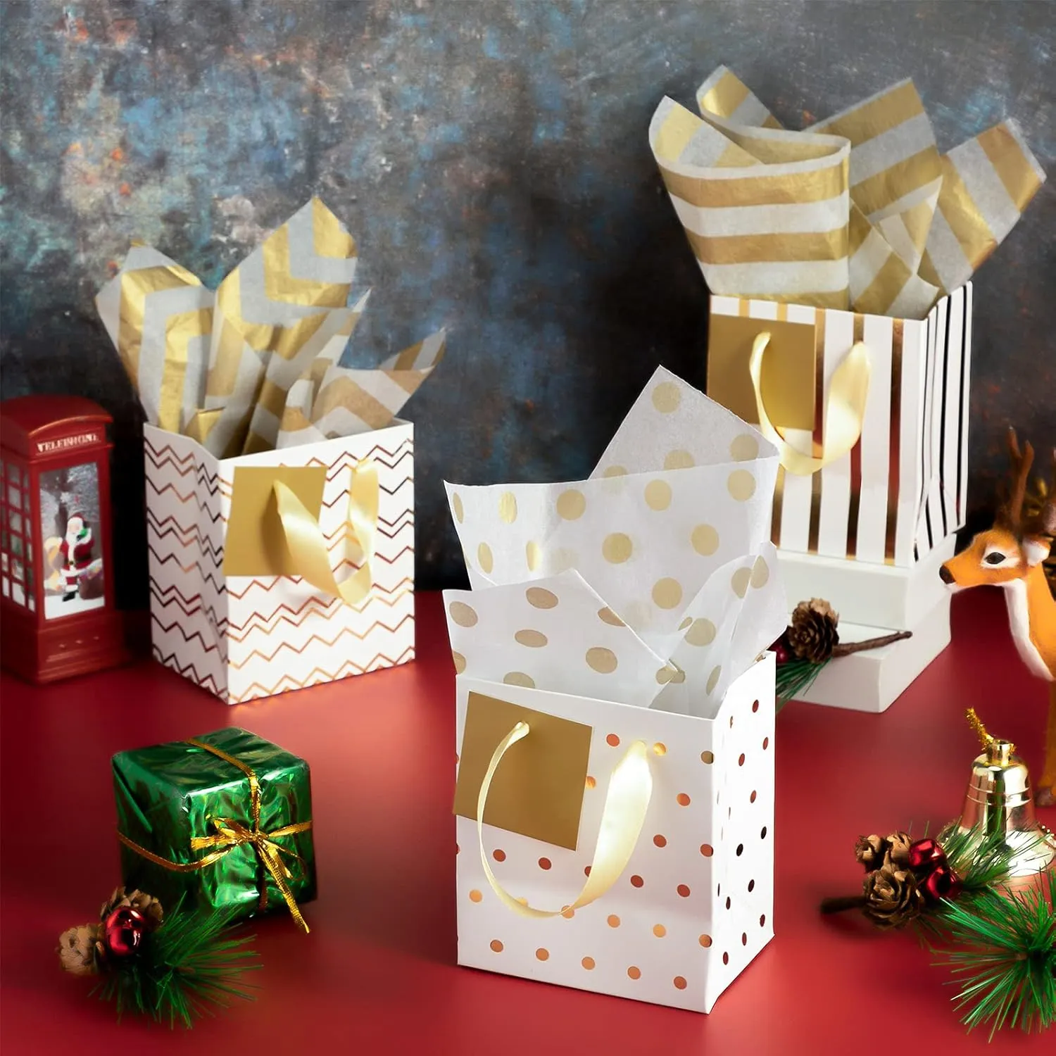 Tenare 12 Pcs Small Gift Bags Mini Metallic Paper Bag with Handle Tissue Paper for Mother Father 's Day Graduation Party Favor Supplies(9 x 4 x 7 Inch,White Gold)