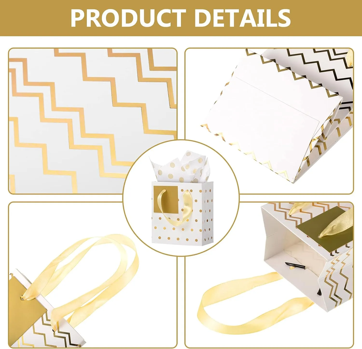 Tenare 12 Pcs Small Gift Bags Mini Metallic Paper Bag with Handle Tissue Paper for Mother Father 's Day Graduation Party Favor Supplies(9 x 4 x 7 Inch,White Gold)