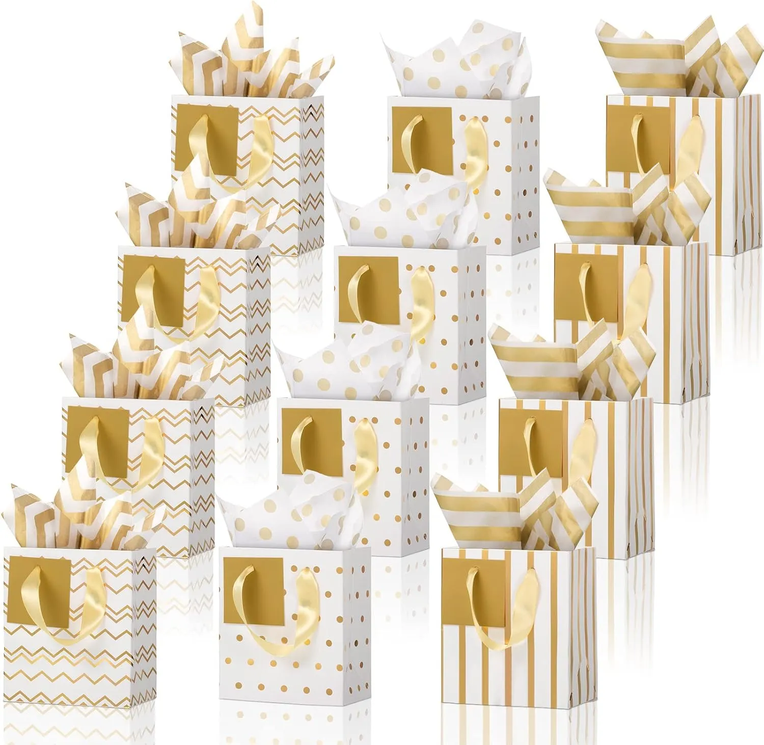 Tenare 12 Pcs Small Gift Bags Mini Metallic Paper Bag with Handle Tissue Paper for Mother Father 's Day Graduation Party Favor Supplies(9 x 4 x 7 Inch,White Gold)