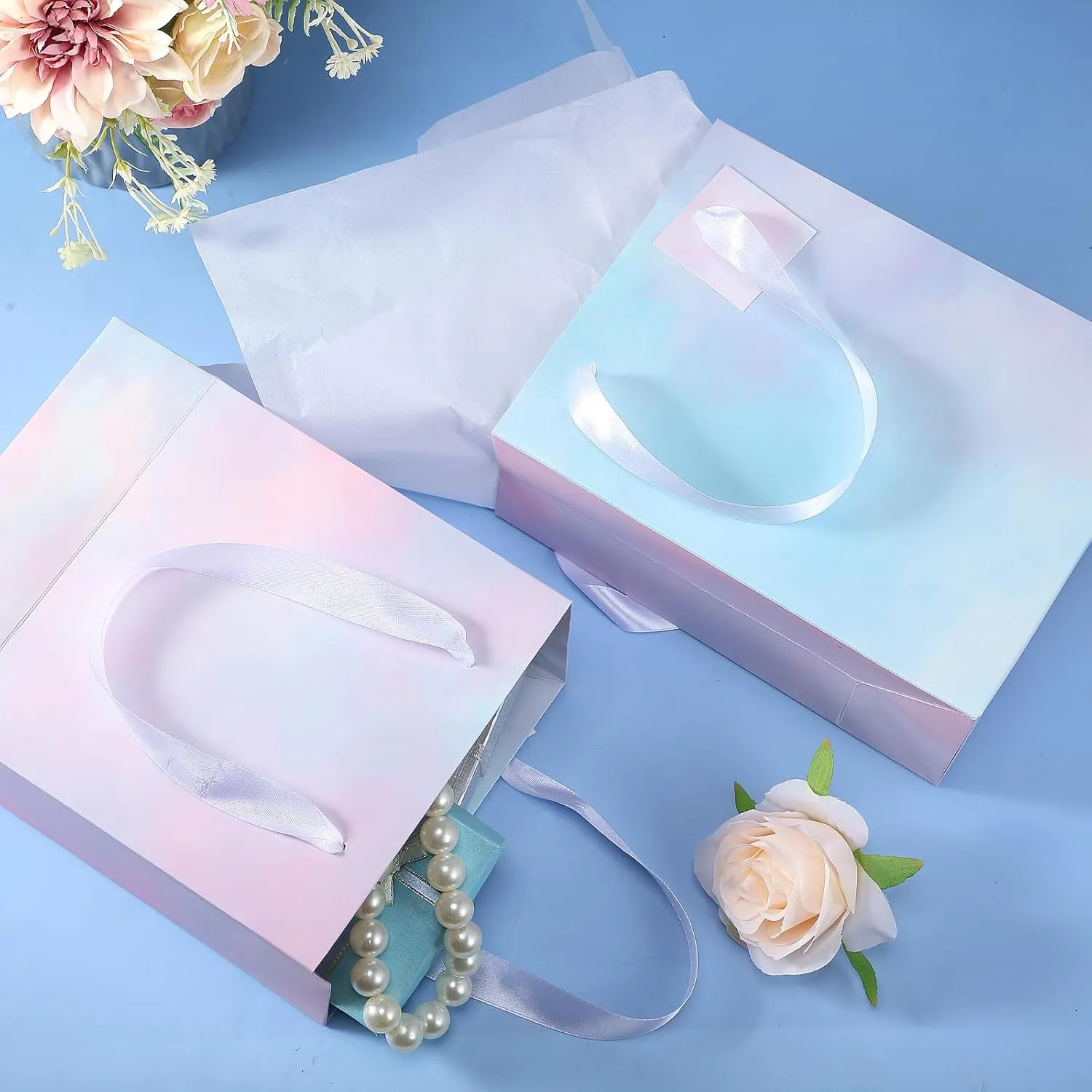 Tenare 12 Pcs Small Gift Bags Mini Paper Bag with Handle Tissue Happy Graduation Father's Day 4th of July Party Favor Supplies(7 * 4 * 9inch/ 18 * 10 * 23cm,Watercolor)