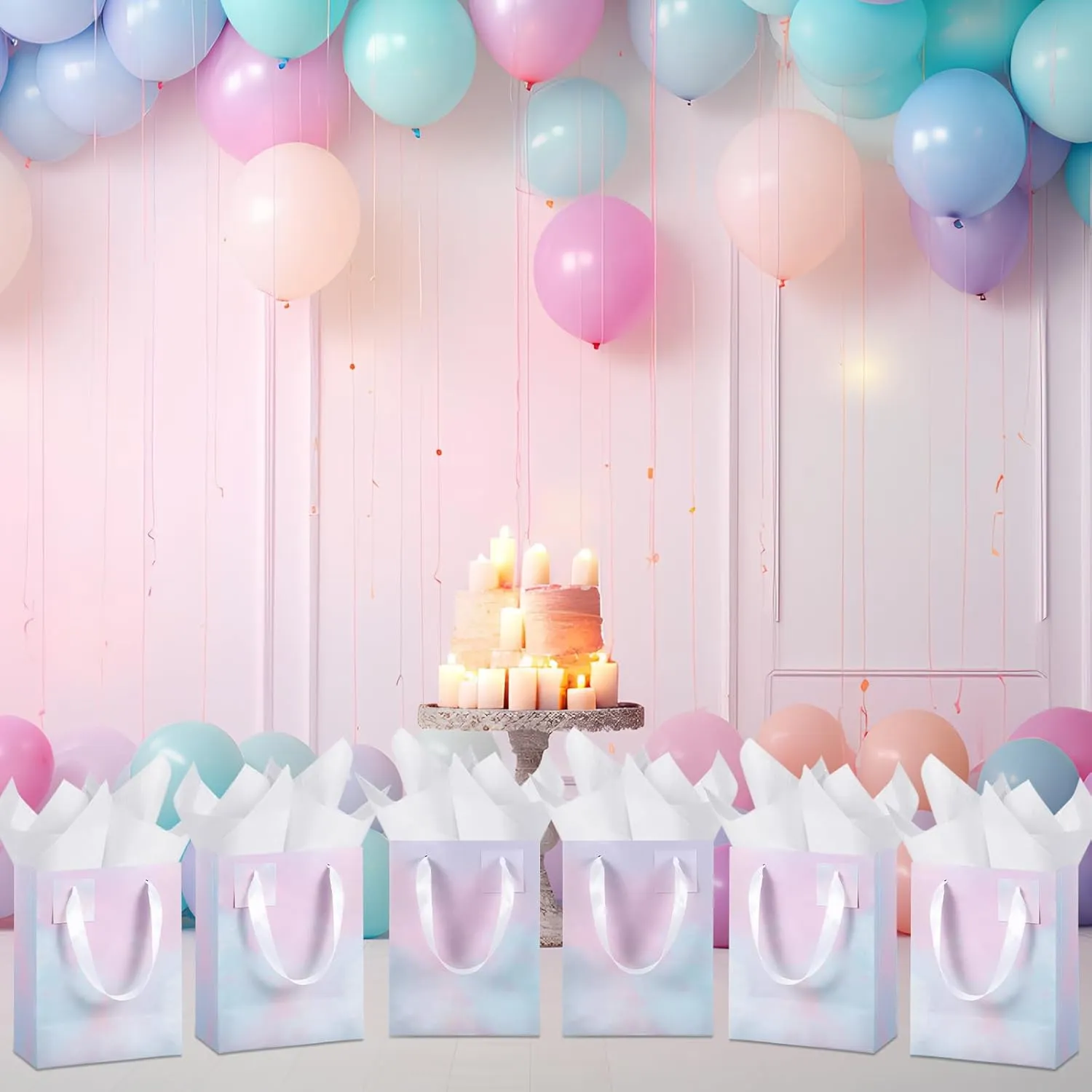 Tenare 12 Pcs Small Gift Bags Mini Paper Bag with Handle Tissue Happy Graduation Father's Day 4th of July Party Favor Supplies(7 * 4 * 9inch/ 18 * 10 * 23cm,Watercolor)