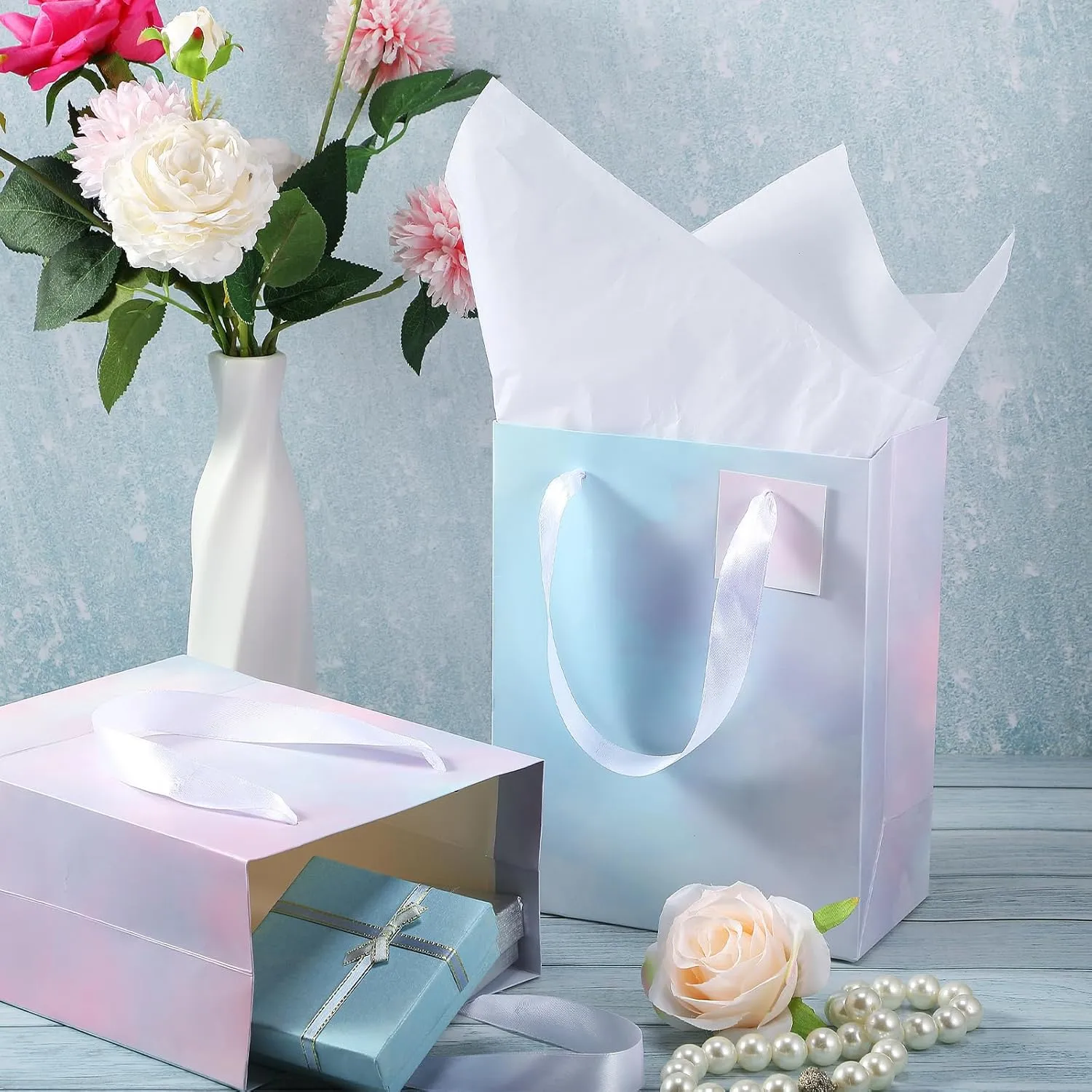 Tenare 12 Pcs Small Gift Bags Mini Paper Bag with Handle Tissue Happy Graduation Father's Day 4th of July Party Favor Supplies(7 * 4 * 9inch/ 18 * 10 * 23cm,Watercolor)