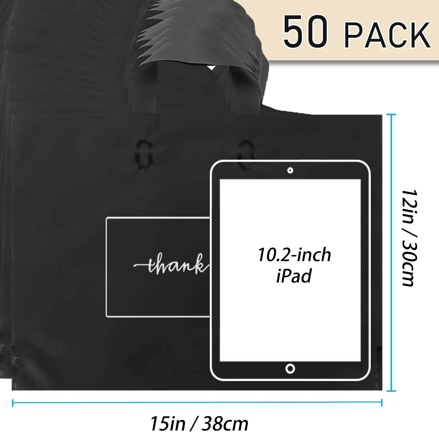 Thank You Merchandise Bags 50Pcs 12x15In Extra Thick 3.15Mil Retail Shopping Bags - Reusable Plastic Bags with Soft Loop Handle for Goodie Bags, Party, Stores, Boutique, Clothes