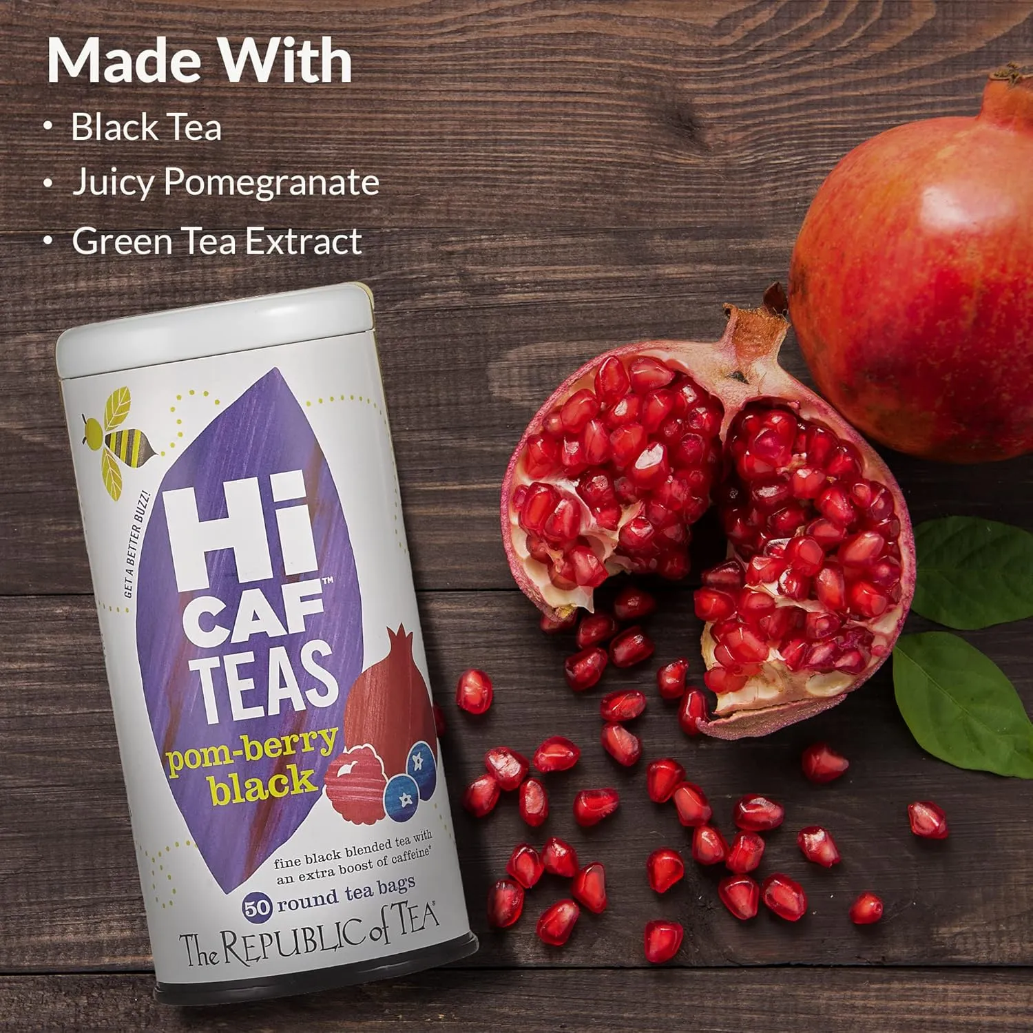 The Republic of Tea HiCAF Pom-Berry Black Tea, 50 Tea Bags, High Caffeine Pomegranate Blueberry Tea