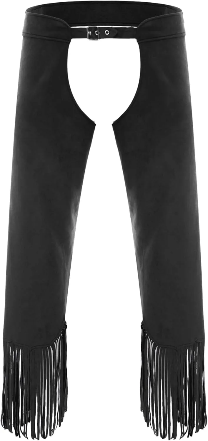 TiaoBug Mens Suede Cowboy Chaps Pants Hollow Out Moto Trousers Halloween Hippie Costume Outfits