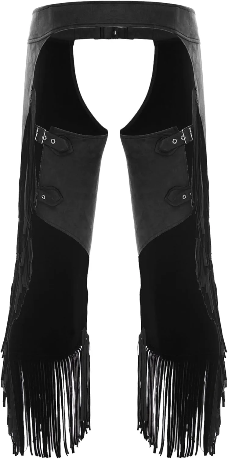 TiaoBug Mens Suede Cowboy Chaps Pants Hollow Out Moto Trousers Halloween Hippie Costume Outfits