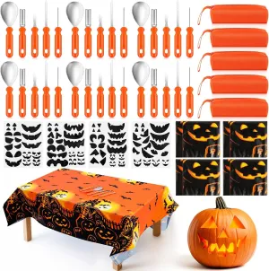 Tioncy 44 Pcs 6 Set Halloween Pumpkin Carving Kit Heavy Duty Carving Set Included Stainless Steel Pumpkin Carving Tools with Storage Bag Tablecloth Carving Stencils for Family Party Halloween Decor