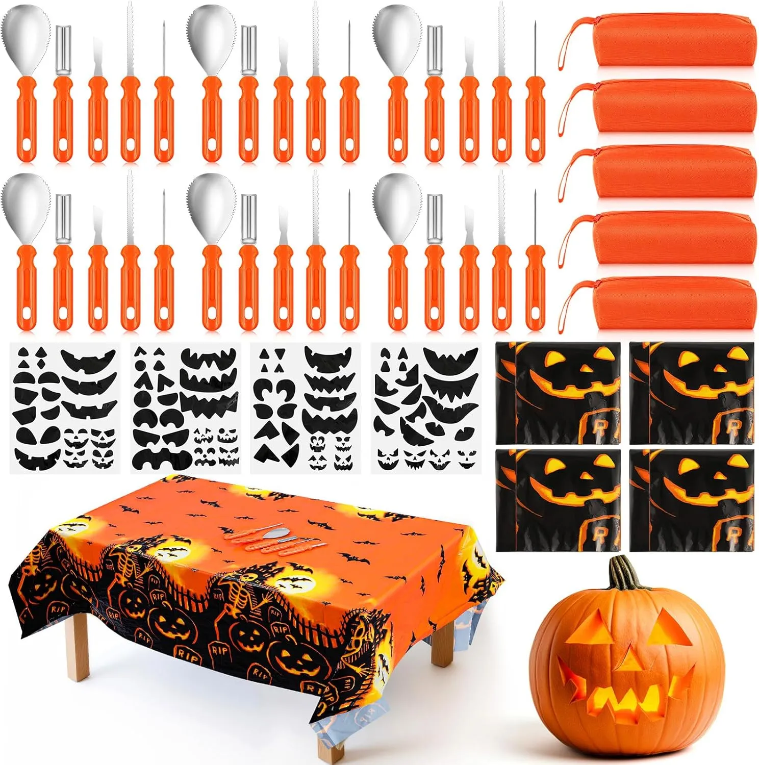 Tioncy 44 Pcs 6 Set Halloween Pumpkin Carving Kit Heavy Duty Carving Set Included Stainless Steel Pumpkin Carving Tools with Storage Bag Tablecloth Carving Stencils for Family Party Halloween Decor