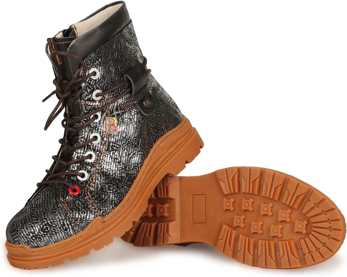 TMA EYES Leather Metallic Combat Boot Side Zipper Women's Ankle Booties