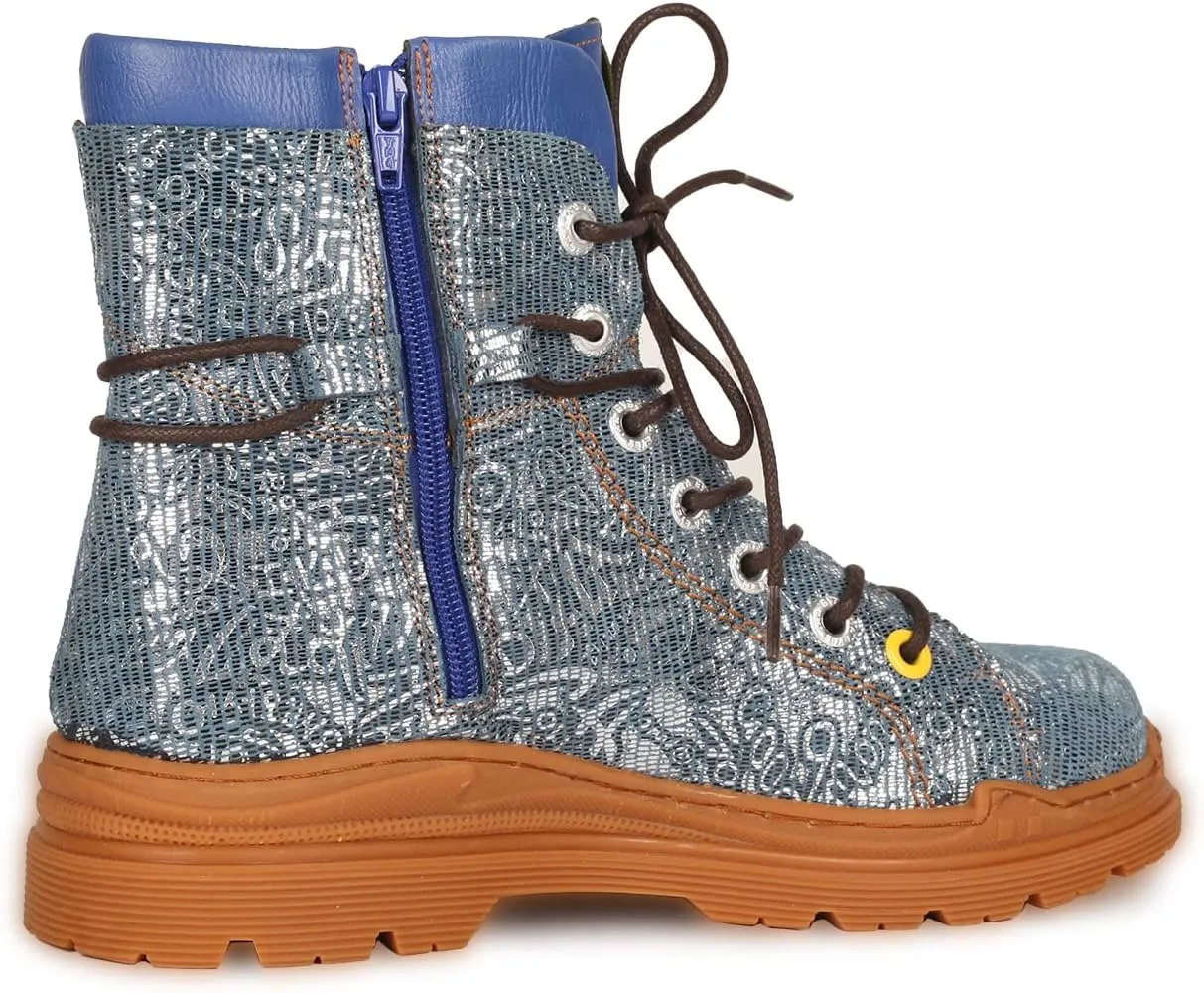 TMA EYES Leather Metallic Combat Boot Side Zipper Women's Ankle Booties