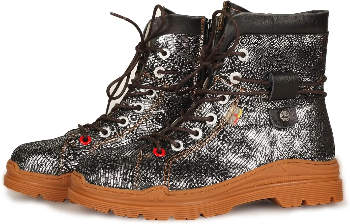TMA EYES Leather Metallic Combat Boot Side Zipper Women's Ankle Booties
