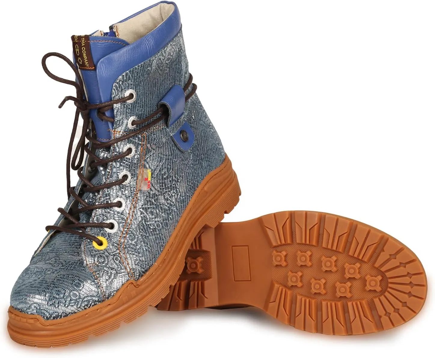 TMA EYES Leather Metallic Combat Boot Side Zipper Women's Ankle Booties