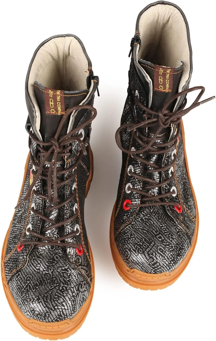 TMA EYES Leather Metallic Combat Boot Side Zipper Women's Ankle Booties