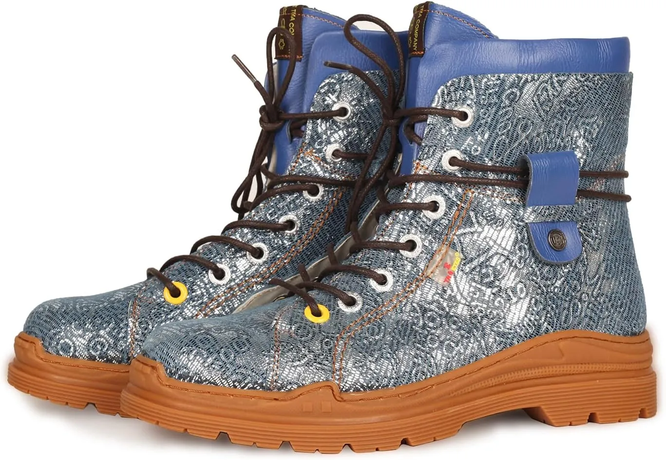 TMA EYES Leather Metallic Combat Boot Side Zipper Women's Ankle Booties