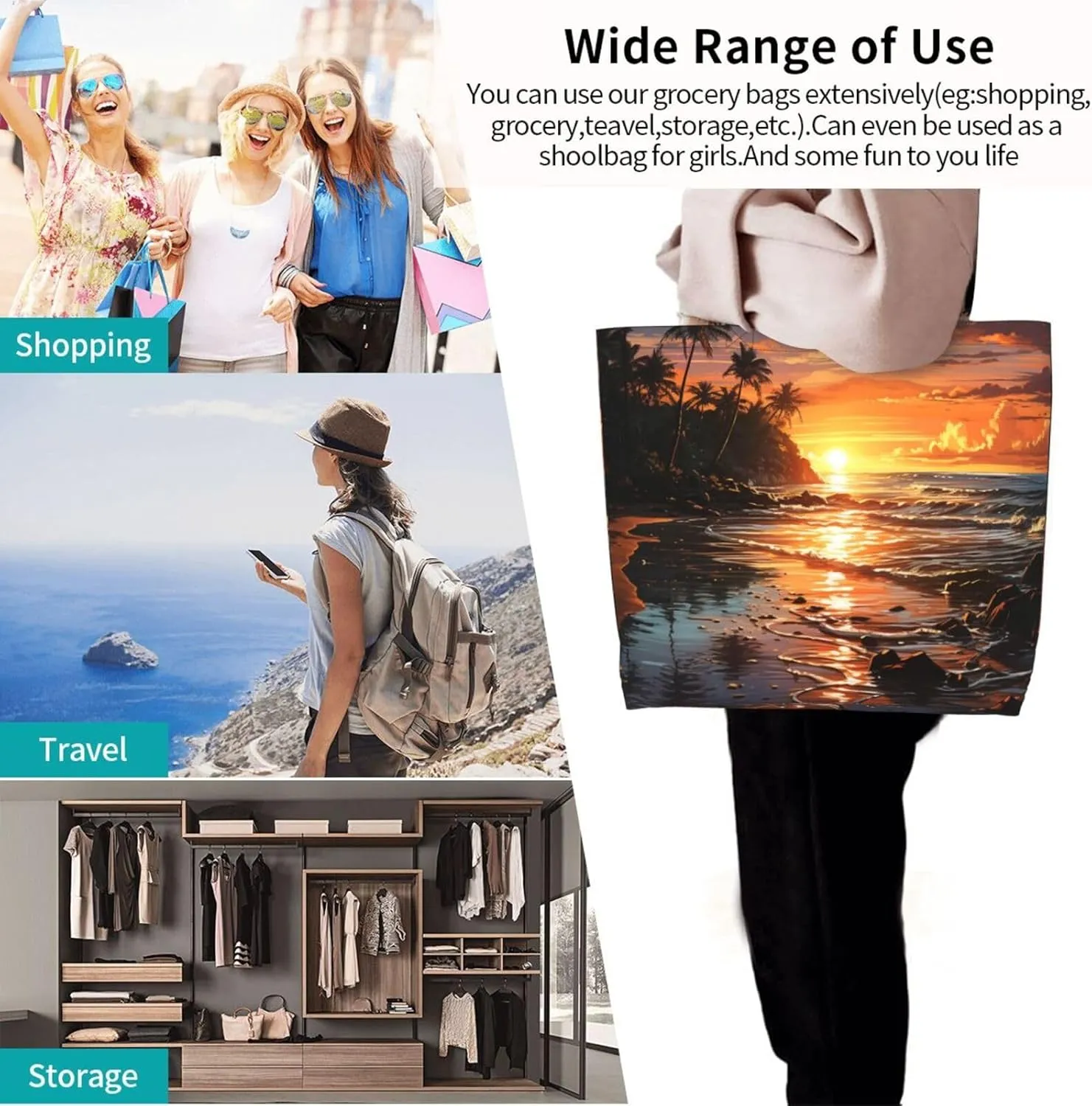 Tote Bag for Women Reusable Grocery Bag Shopping Bag Colorful Handprints Tote Bags Handbag Foldable Shoulder Bag