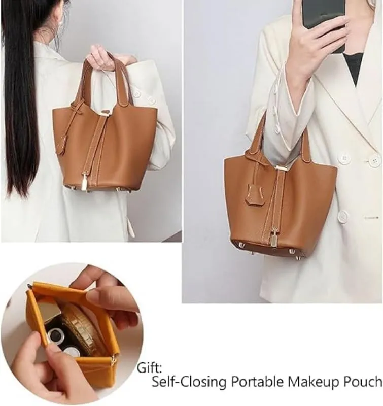 Tote Bag Leather Lock Design Bucket Bag Vegetable Basket Fashionable Versatile Shoulder Handbag Work Package