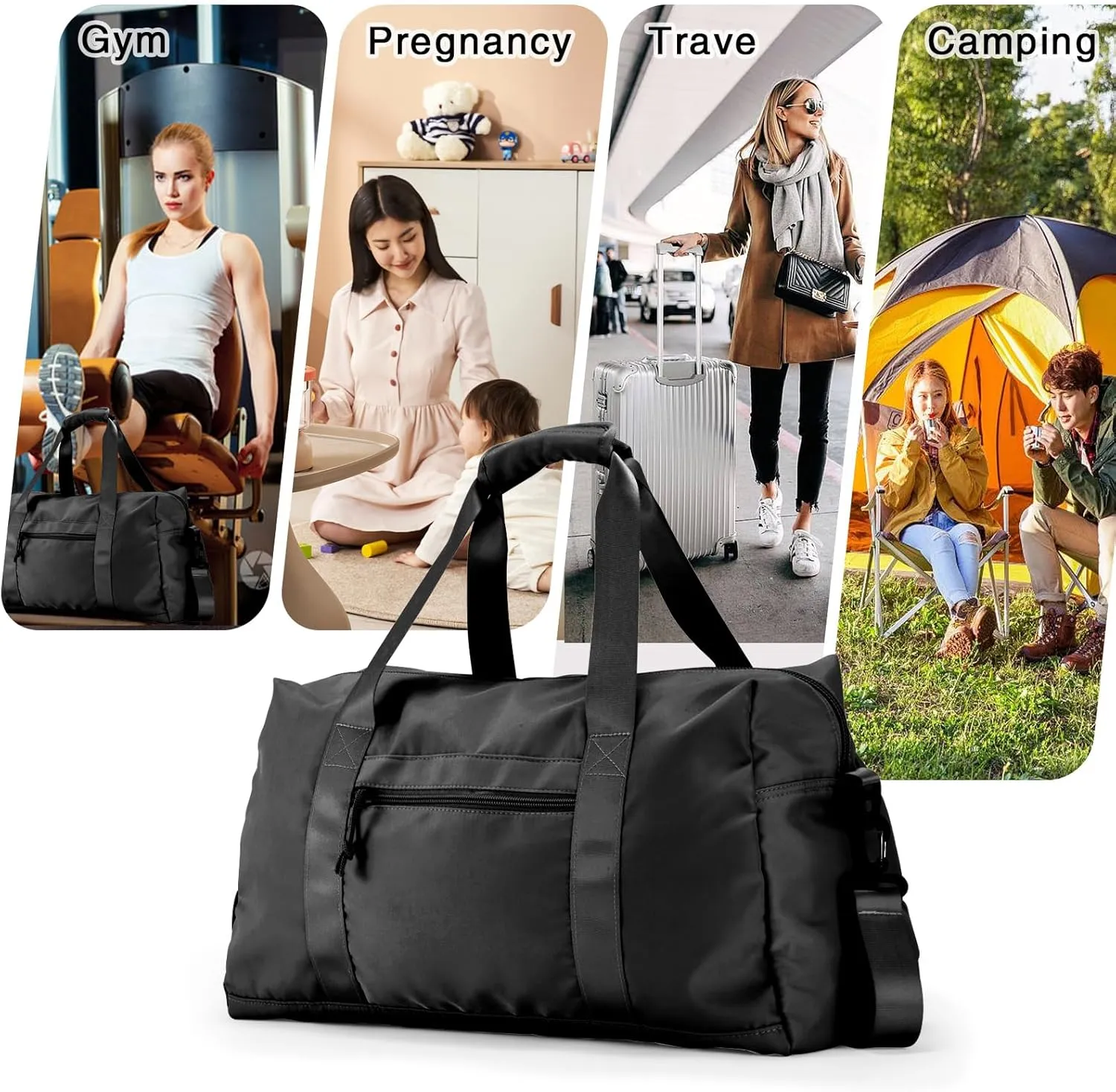 Travel Duffle Bag,Sport Gym Bag for Men And Women with Wet Pocket,Weekender Bag Carry On Tote Bags for Airplane (Black, M)