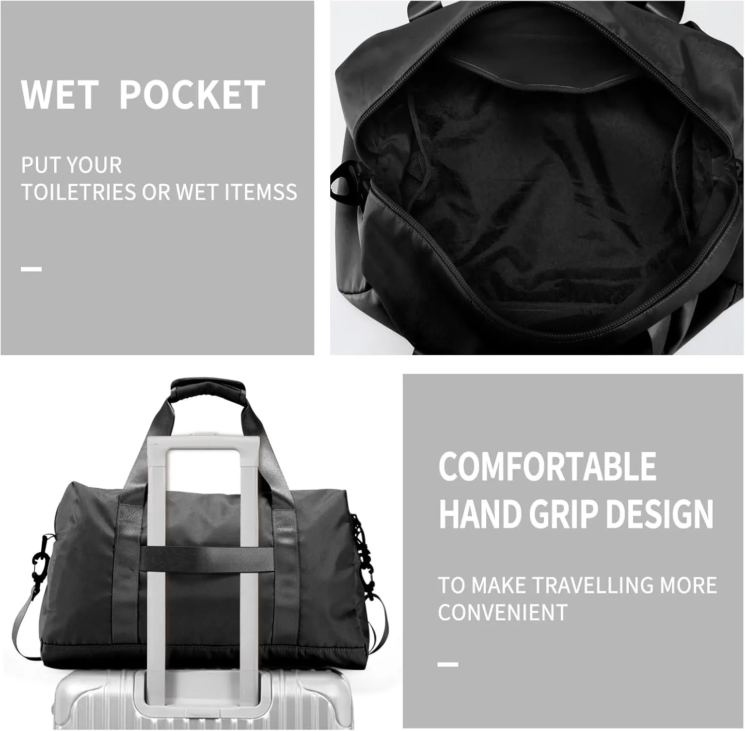 Travel Duffle Bag,Sport Gym Bag for Men And Women with Wet Pocket,Weekender Bag Carry On Tote Bags for Airplane (Black, M)