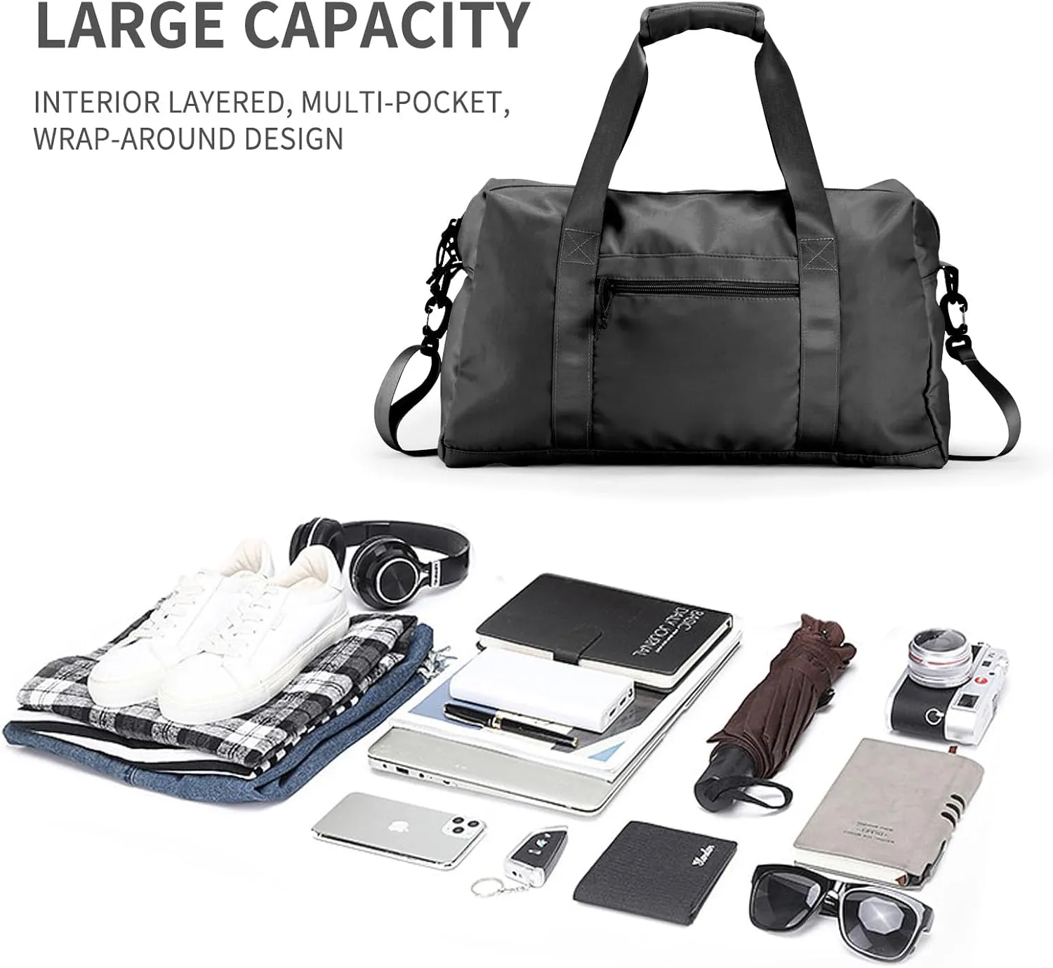 Travel Duffle Bag,Sport Gym Bag for Men And Women with Wet Pocket,Weekender Bag Carry On Tote Bags for Airplane (Black, M)