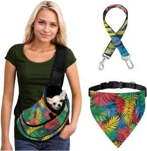 Tropical Pet Bag Cats and Dog Travel Portable Diagonal Shoulder Bag, Adjustable Pet Doggy Kitty Safety Leash Car Vehicle Seat Belt,Comfortable Dogs Bibs Scarf Reversible Bandana(Set of 3)