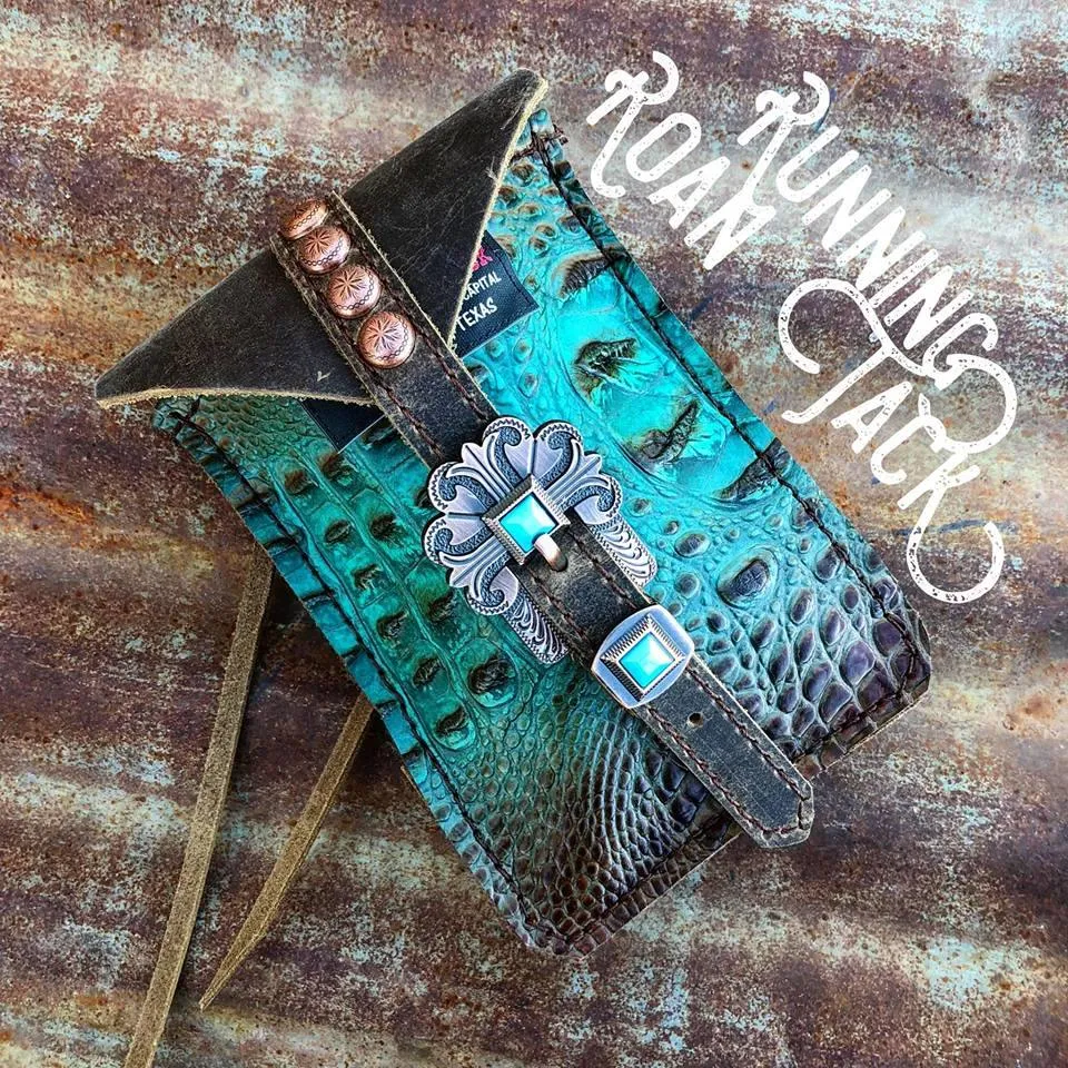Turquoise Brown Croc Mini Saddle Bag with Your Choice of Buckle and Fringe for Phone, Keys, Roping Powder, etc