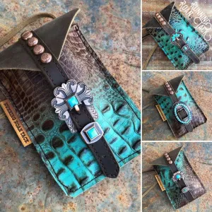Turquoise Brown Croc Mini Saddle Bag with Your Choice of Buckle and Fringe for Phone, Keys, Roping Powder, etc