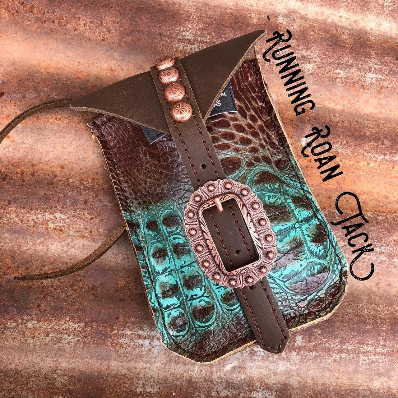 Turquoise Brown Croc Mini Saddle Bag with Your Choice of Buckle and Fringe for Phone, Keys, Roping Powder, etc