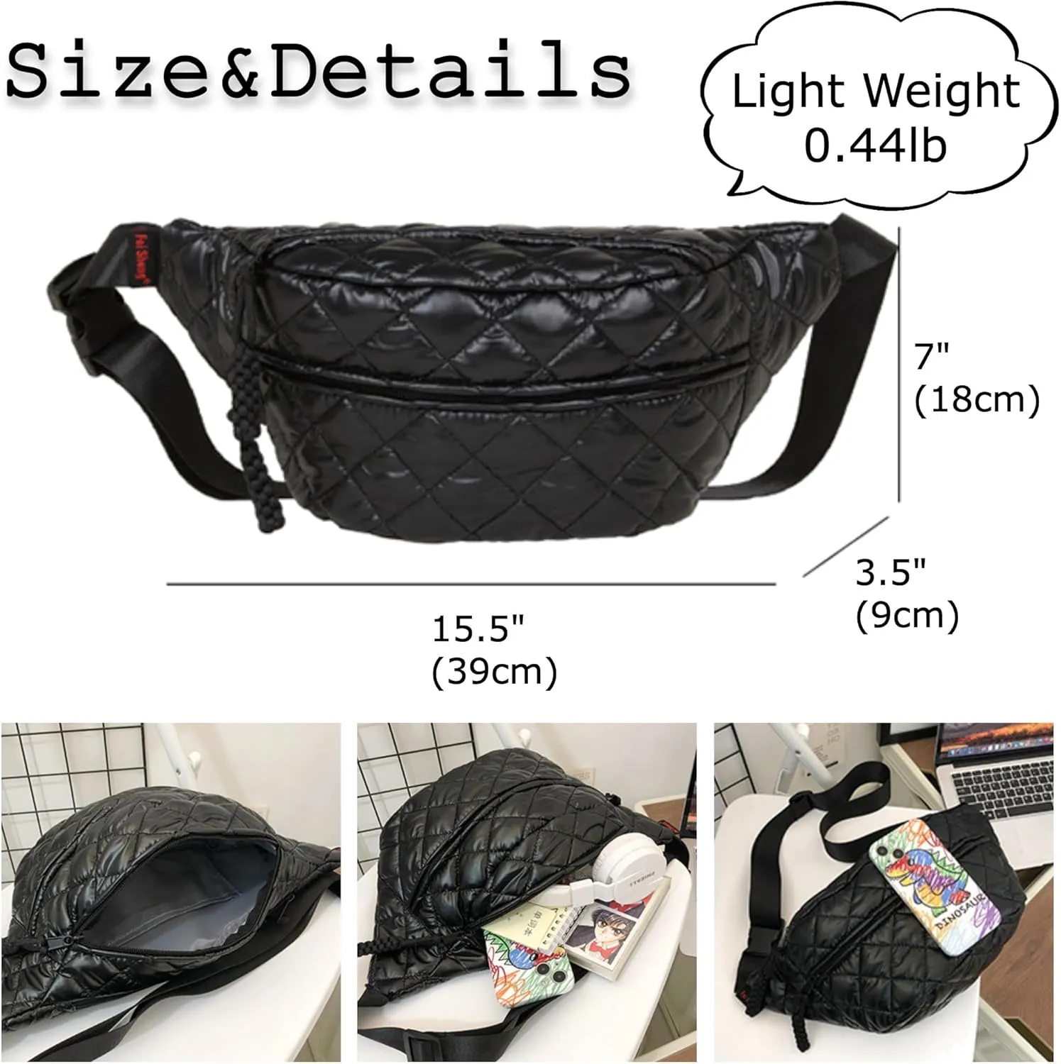 TWO KAT Metalic Quilted Chest Fanny Pack Crossbody Bag with Multi Pockets & Adjustable Strap, Fashionable Men Women Sling Backpack, Casual Waist Belt bag (Black)