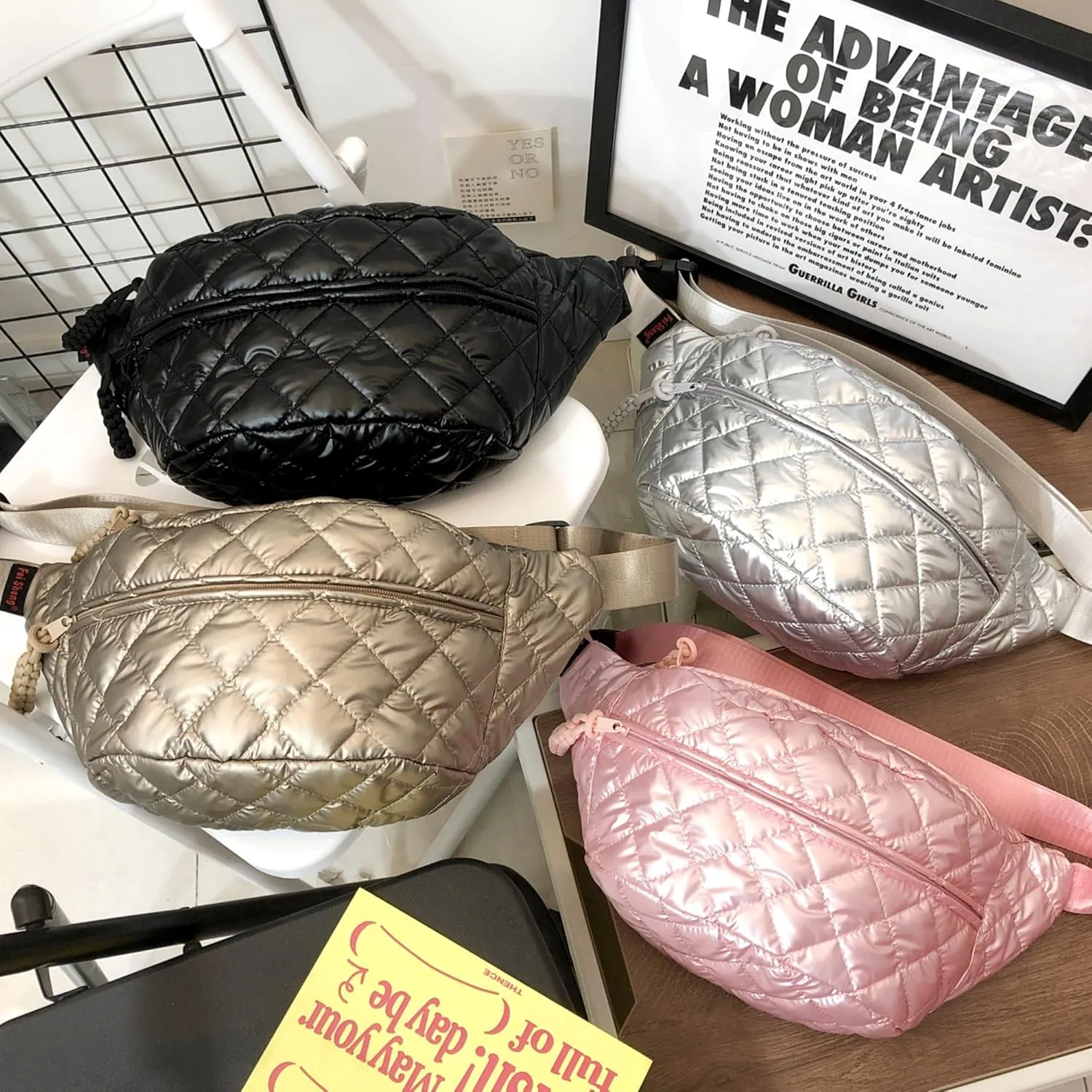 TWO KAT Metalic Quilted Chest Fanny Pack Crossbody Bag with Multi Pockets & Adjustable Strap, Fashionable Men Women Sling Backpack, Casual Waist Belt bag (Black)