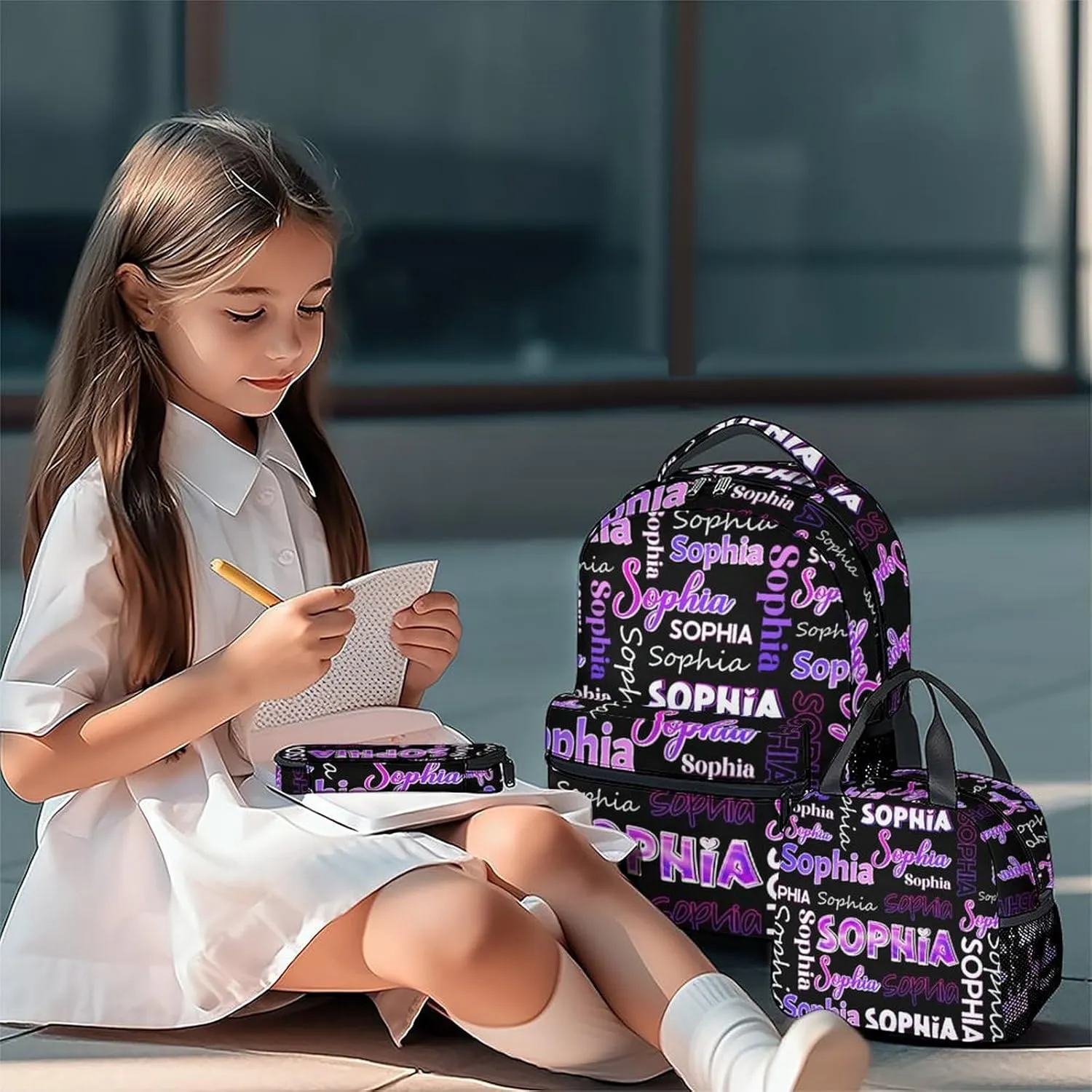 UNIKITTY Kids Backpack with Lunch Box Set - Personalized School Bags for Girls - Custom Backpack with Kids Name - 17 Inch Customized Toddler Bookbag