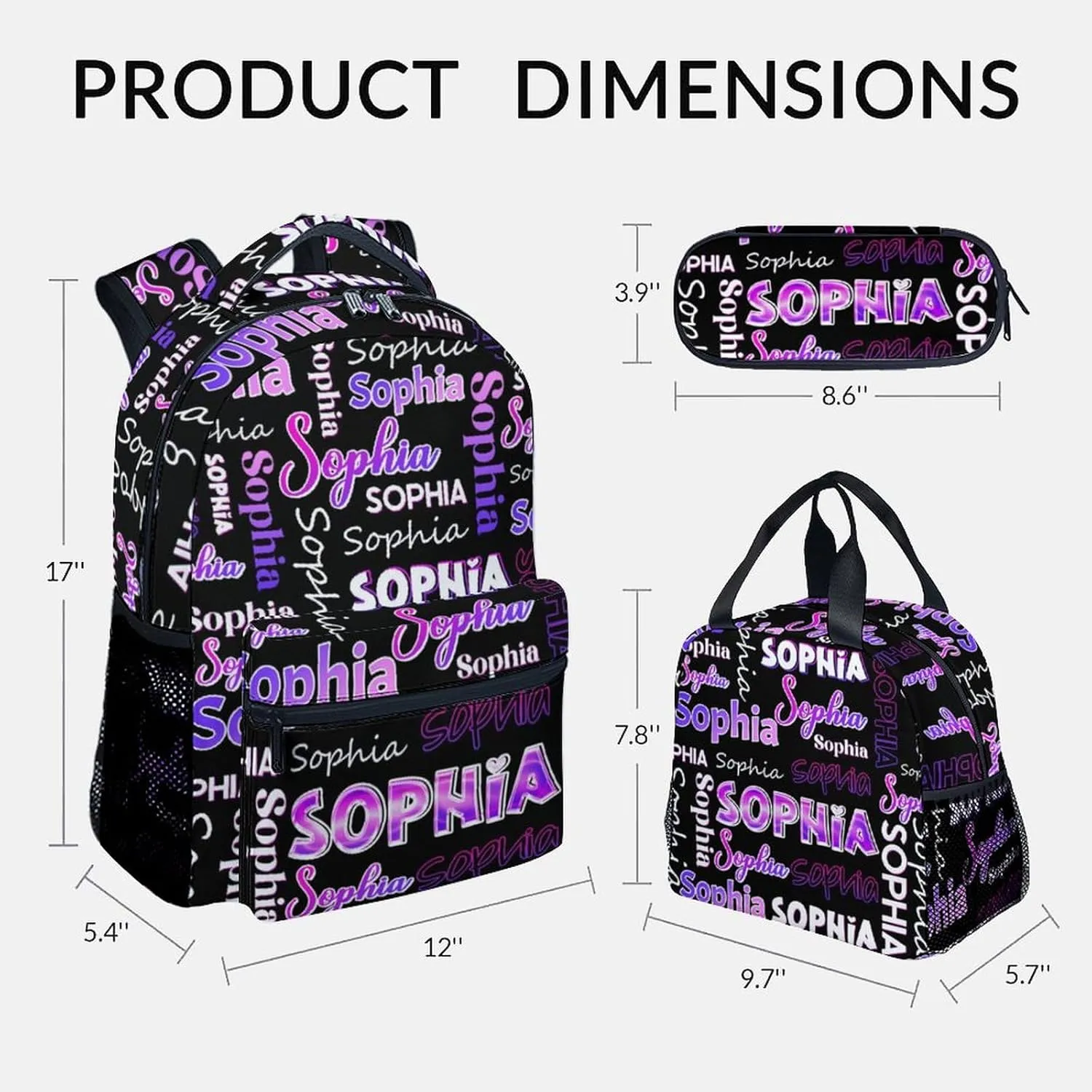 UNIKITTY Kids Backpack with Lunch Box Set - Personalized School Bags for Girls - Custom Backpack with Kids Name - 17 Inch Customized Toddler Bookbag