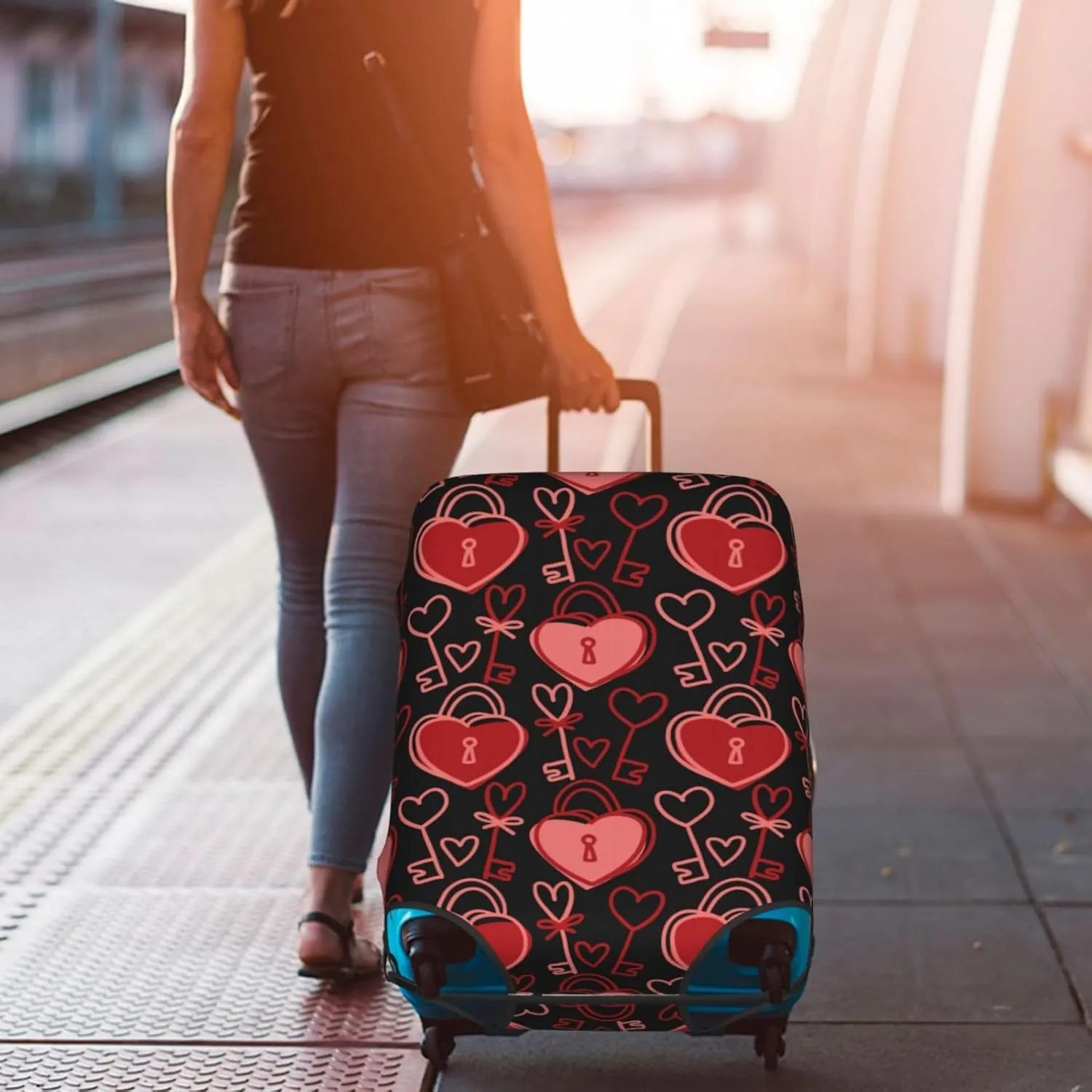 Valentine'S Day Couple Love Lock Luggage Covers Travel Suitcase Cover Protector Fit 18-32 Inch Luggage