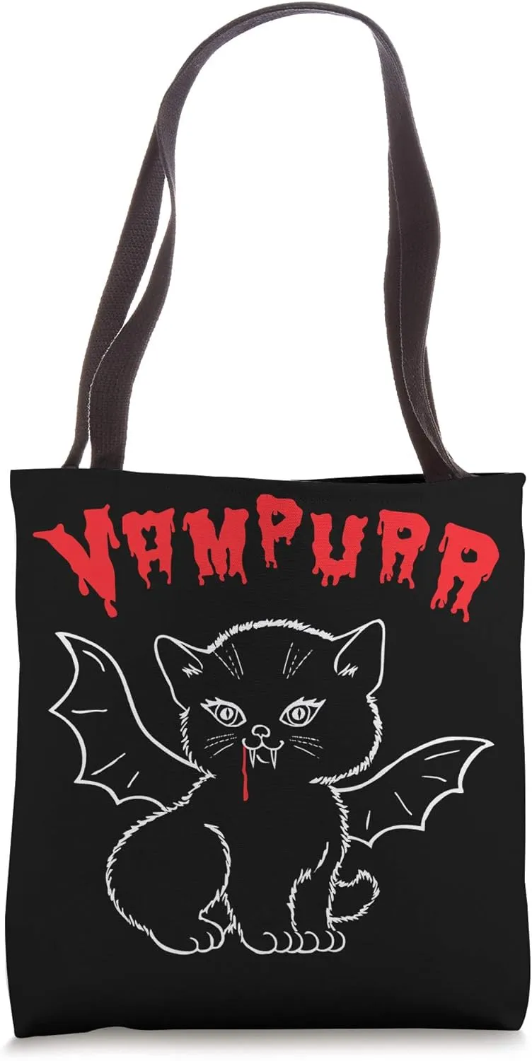 Vampire Kitten Vampurr with Bat Wings, Fangs and Blood Drip Tote Bag