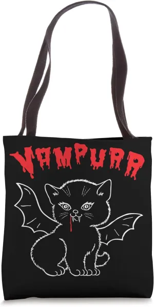 Vampire Kitten Vampurr with Bat Wings, Fangs and Blood Drip Tote Bag