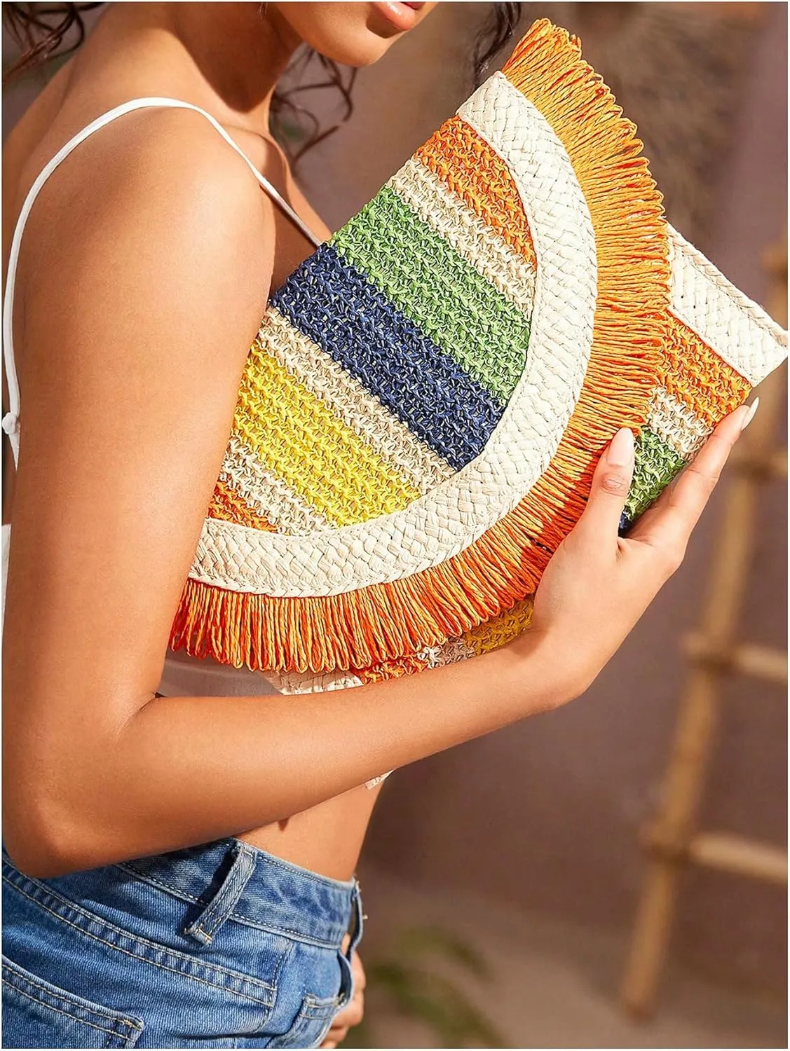 Verdusa Women's Fringe Straw Clutch Purses Woven Handbags Envelope Bag Wallet