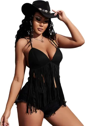 Verdusa Women's Fringe Tied Backless Suede Halter Top Deep V Neck Going Out Tops Western Outfits