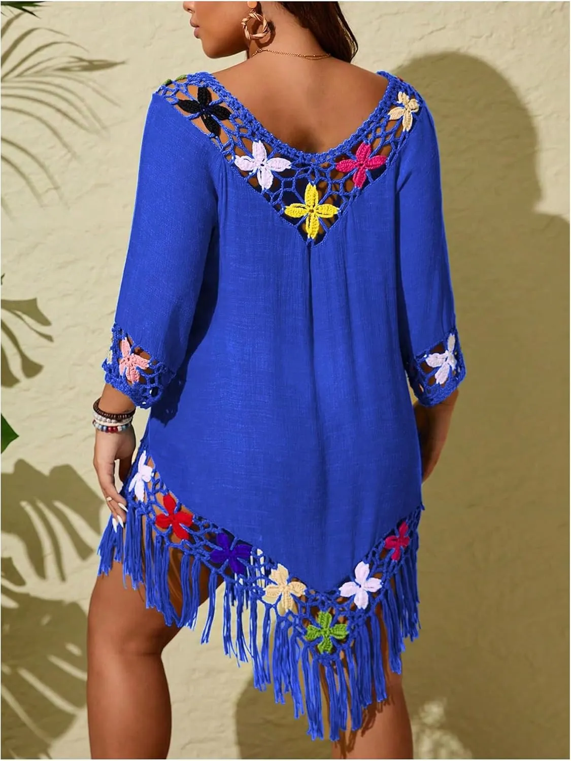 Verdusa Women's Plus Size Boho Hollow Out Floral Fringe Beach Cover Up Dress 3/4 Sleeve Tunic Dress