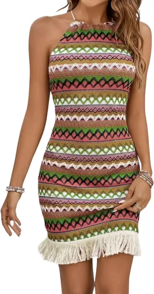 Verdusa Women's Sleeveless Halter Neck Striped Chevron Print Fringe Hem Boho Cami Mini Dress