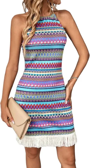 Verdusa Women's Sleeveless Halter Neck Striped Chevron Print Fringe Hem Boho Cami Mini Dress
