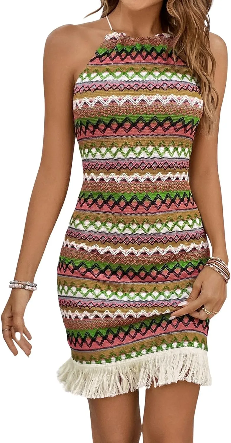 Verdusa Women's Sleeveless Halter Neck Striped Chevron Print Fringe Hem Boho Cami Mini Dress