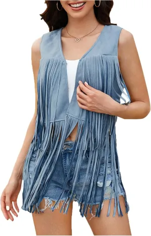 Verdusa Women's Tassel Sleeveless Vest 70s Hippie Faux Suede Fringe Jacket Cardigan