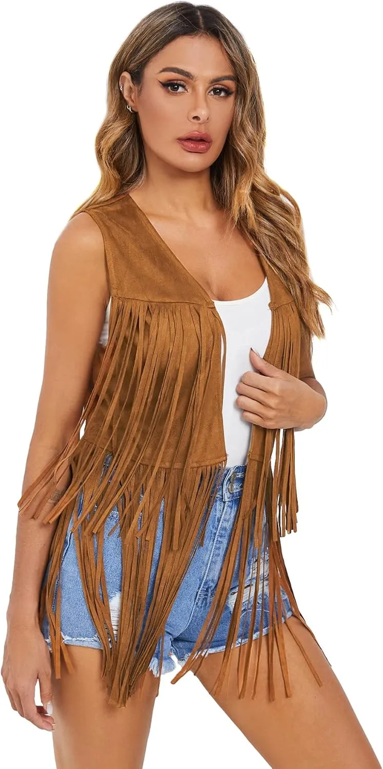 Verdusa Women's Tassel Sleeveless Vest 70s Hippie Faux Suede Fringe Jacket Cardigan