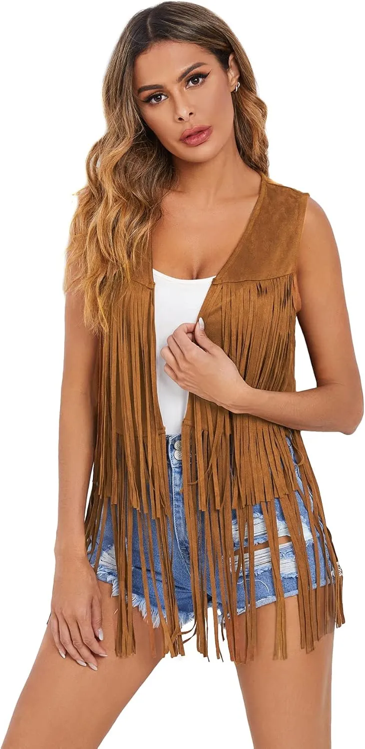 Verdusa Women's Tassel Sleeveless Vest 70s Hippie Faux Suede Fringe Jacket Cardigan