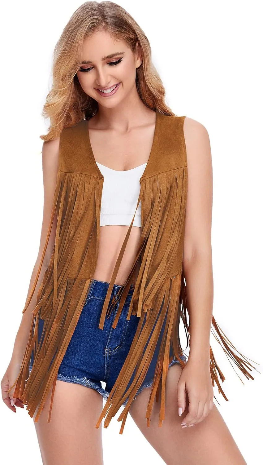 Verdusa Women's Tassel Sleeveless Vest 70s Hippie Faux Suede Fringe Jacket Cardigan