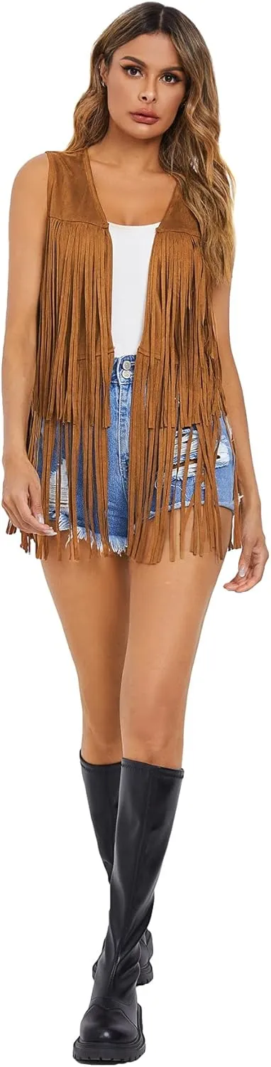 Verdusa Women's Tassel Sleeveless Vest 70s Hippie Faux Suede Fringe Jacket Cardigan