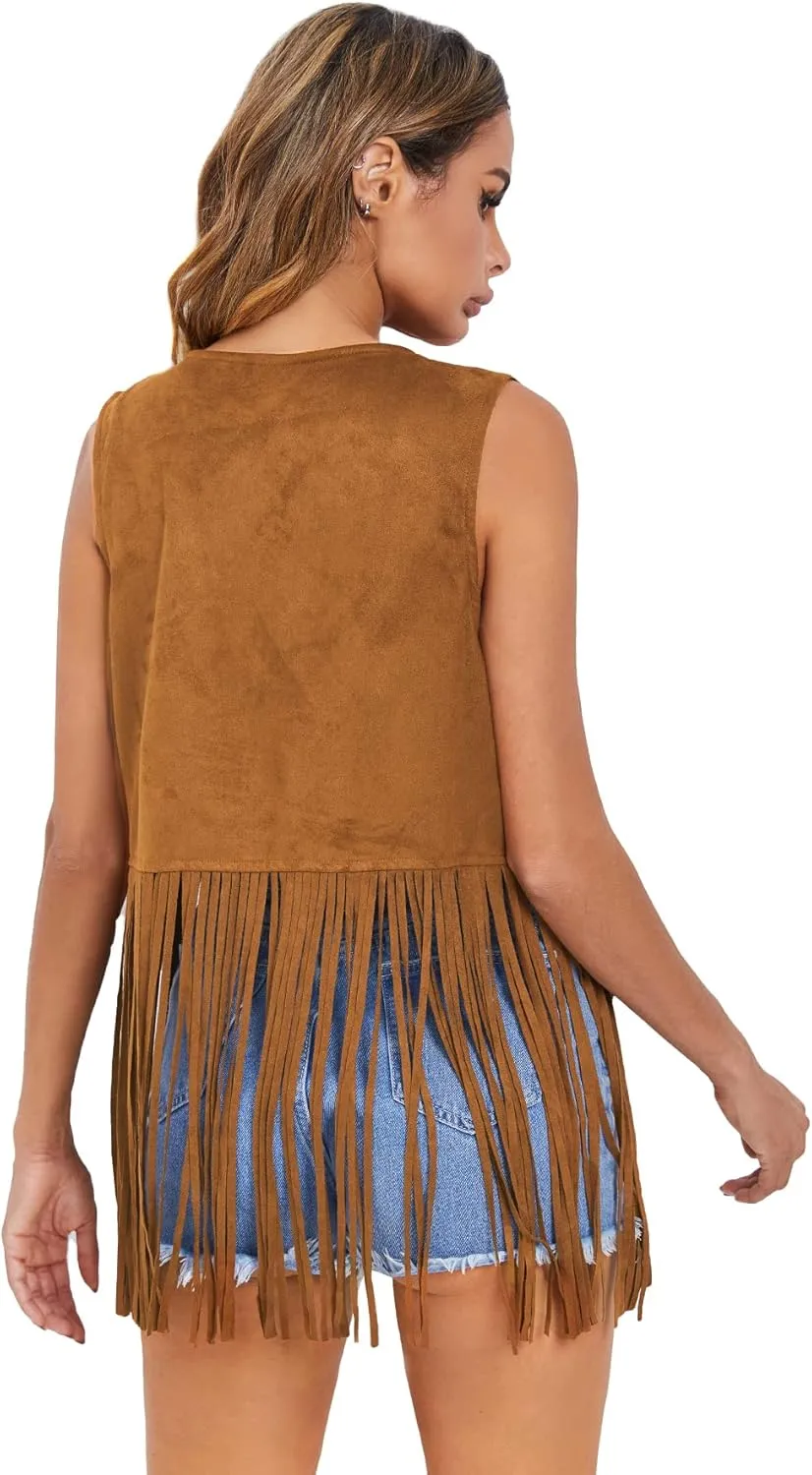 Verdusa Women's Tassel Sleeveless Vest 70s Hippie Faux Suede Fringe Jacket Cardigan