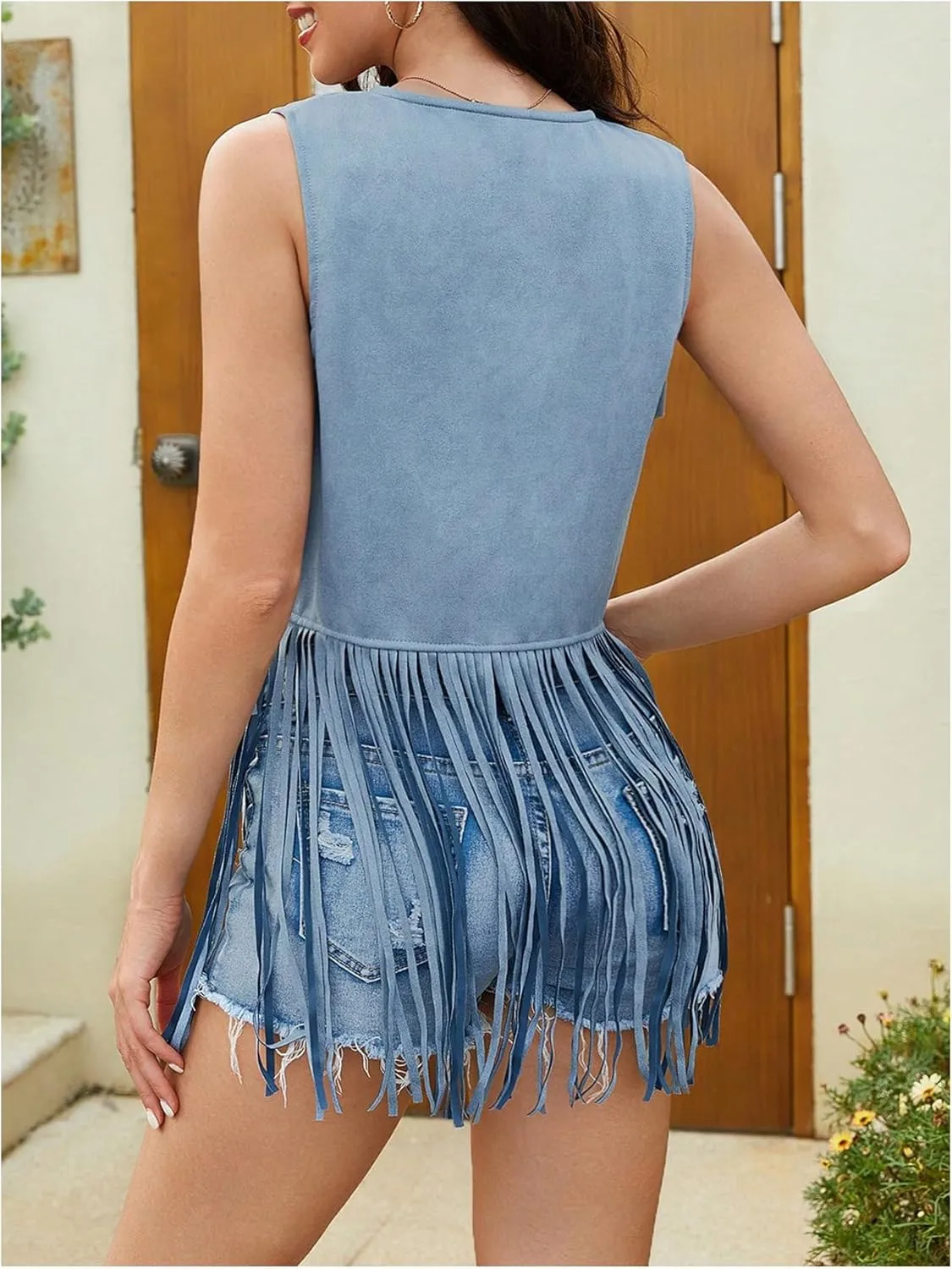 Verdusa Women's Tassel Sleeveless Vest 70s Hippie Faux Suede Fringe Jacket Cardigan